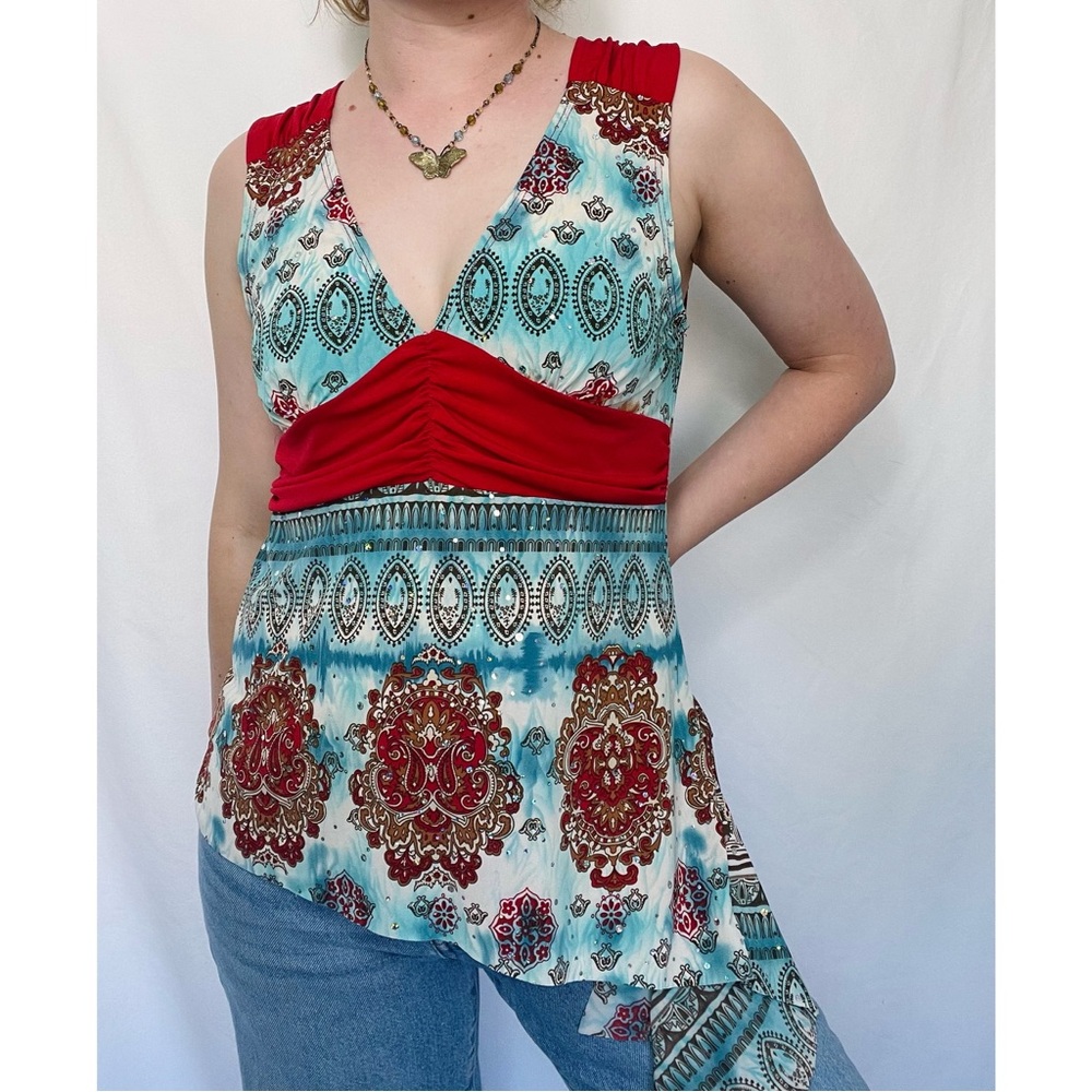 Tempted | Red White & Blue Asymmetrical Shimmer Tank Top Y2k Style